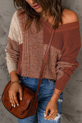 Brown Color Block Knitted Drop Shoulder V Neck Sweater