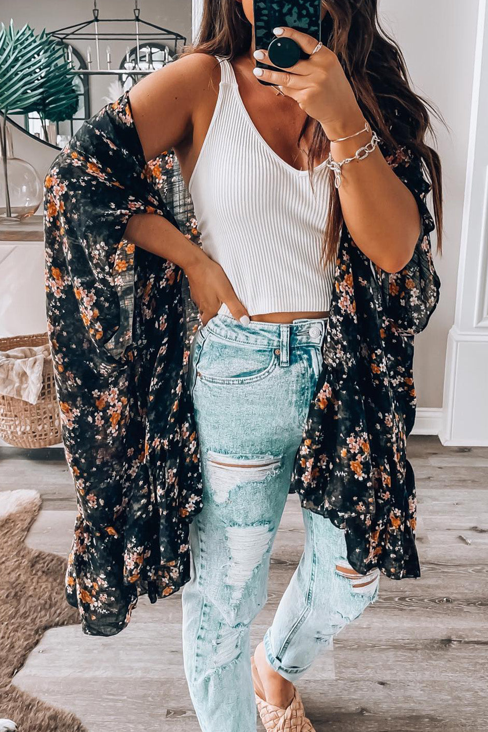 Black Dainty Floral Print Flowy Kimono