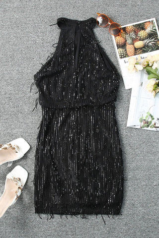 Black Sequined Fringed Mini Dress