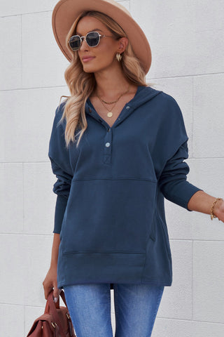 Blue Batwing Sleeve Pocketed Henley Hoodie