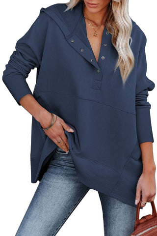 Blue Batwing Sleeve Pocketed Henley Hoodie