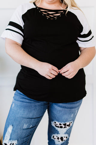 Black Crisscross V Neck Raglan Sleeve Plus Size Tee