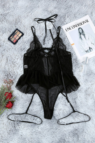 Black Lace Mesh Contrast Lace-up Straps Teddy Lingerie