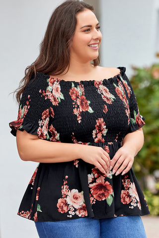 Black Floral Smocked Off Shoulder Plus Size Blouse