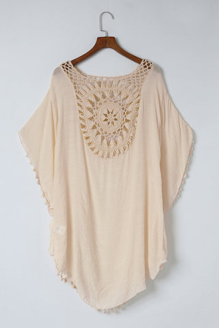 Beige Boho Crochet Tasseled Oversized Beach Cover Up