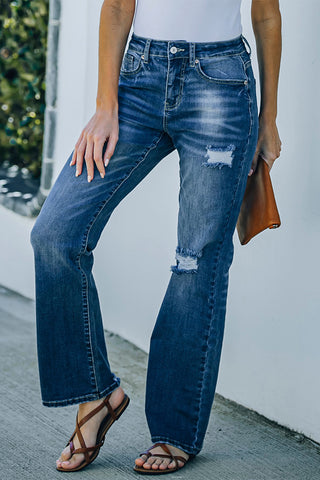 Blue High Rise Washed Distressed Flare Jeans