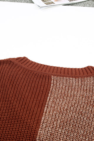 Brown Color Block Knitted Drop Shoulder V Neck Sweater