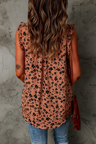 Brown Floral Print Frilled Tank Top