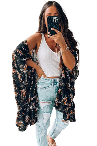 Black Dainty Floral Print Flowy Kimono