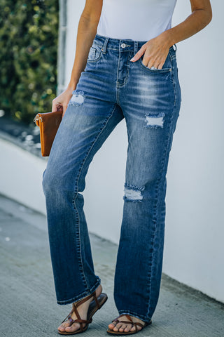 Blue High Rise Washed Distressed Flare Jeans