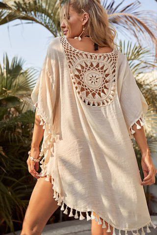 Beige Boho Crochet Tasseled Oversized Beach Cover Up