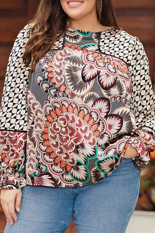 Black Plus Size Mixed Print Long Sleeve Blouse