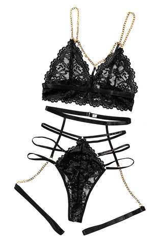 Black 3pcs Gold Chain Decor Lace Strappy Gartered Lingerie Set