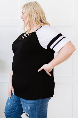 Black Crisscross V Neck Raglan Sleeve Plus Size Tee