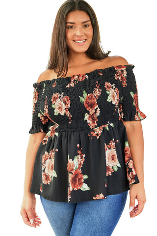 Black Floral Smocked Off Shoulder Plus Size Blouse