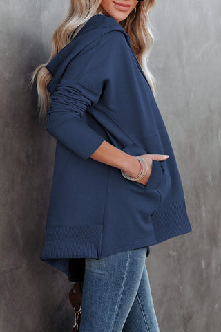 Blue Batwing Sleeve Pocketed Henley Hoodie