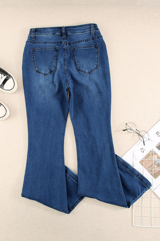 Dark Blue Mid Rise Button Front Flare Denim