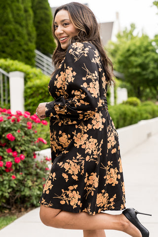 Black Plus Size Cut-out Neckline Long Sleeve Floral Dress