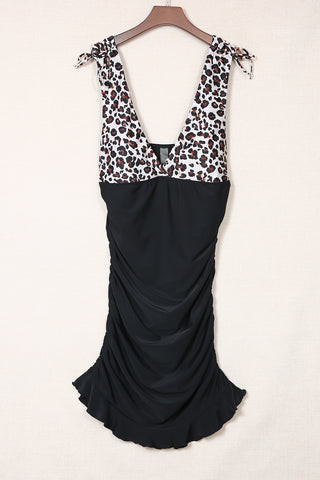 Black Plus Size Leopard Print Ruched Ruffle V Neck One-piece Swimsuit