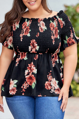 Black Floral Smocked Off Shoulder Plus Size Blouse