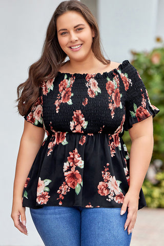 Black Floral Smocked Off Shoulder Plus Size Blouse