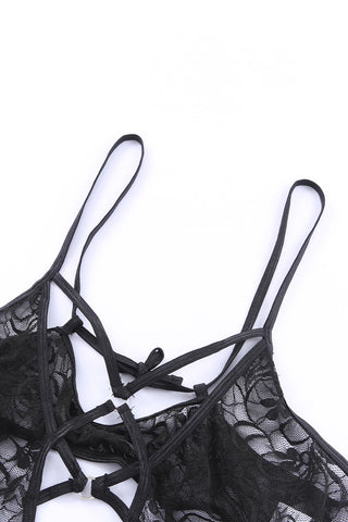 Black Plus Size Strappy Grommet Detail Sheer Mesh Teddy Lingerie