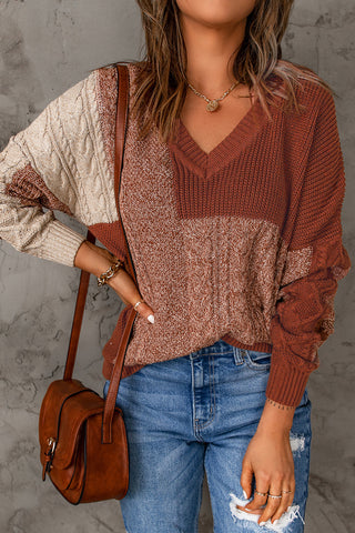 Brown Color Block Knitted Drop Shoulder V Neck Sweater