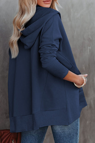 Blue Batwing Sleeve Pocketed Henley Hoodie