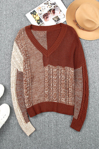 Brown Color Block Knitted Drop Shoulder V Neck Sweater