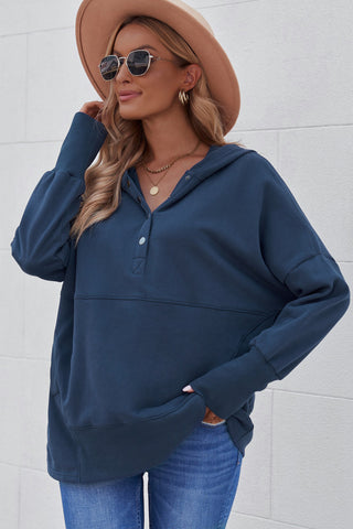 Blue Batwing Sleeve Pocketed Henley Hoodie