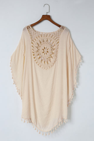 Beige Boho Crochet Tasseled Oversized Beach Cover Up