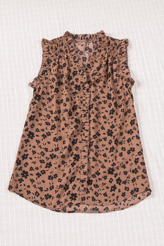 Brown Floral Print Frilled Tank Top