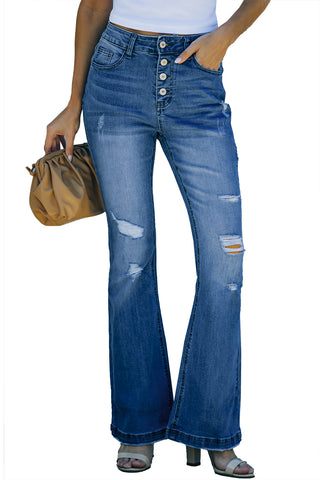 Dark Blue Mid Rise Button Front Flare Denim