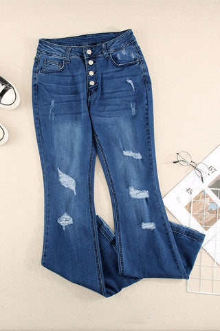 Dark Blue Mid Rise Button Front Flare Denim