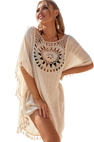 Beige Boho Crochet Tasseled Oversized Beach Cover Up