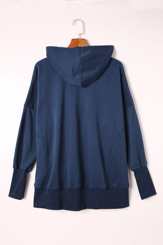 Blue Batwing Sleeve Pocketed Henley Hoodie