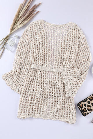 Apricot Knit Crochet Open Front Beach Cover Up with Tie