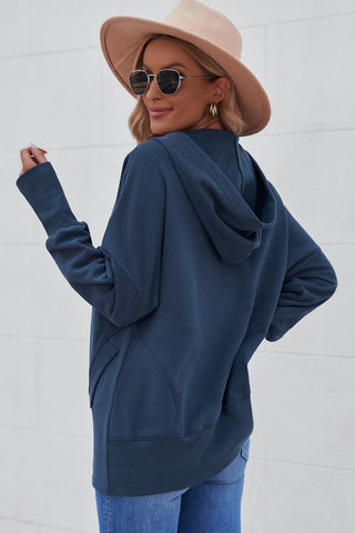 Blue Batwing Sleeve Pocketed Henley Hoodie