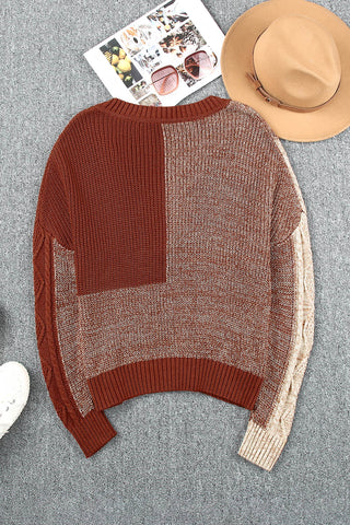 Brown Color Block Knitted Drop Shoulder V Neck Sweater