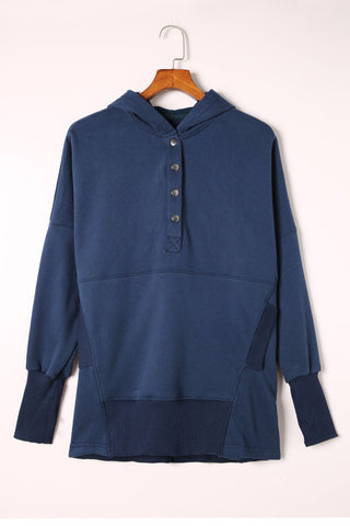 Blue Batwing Sleeve Pocketed Henley Hoodie