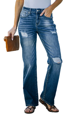 Blue High Rise Washed Distressed Flare Jeans