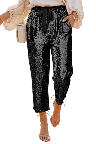 Black Pocketed Sequin Crop Pants