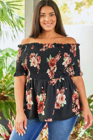 Black Floral Smocked Off Shoulder Plus Size Blouse