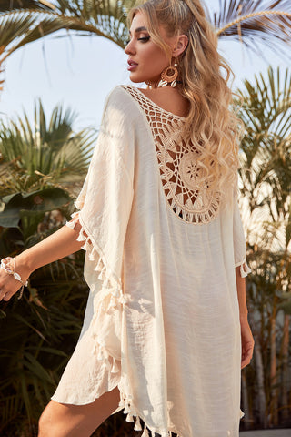 Beige Boho Crochet Tasseled Oversized Beach Cover Up