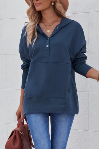 Blue Batwing Sleeve Pocketed Henley Hoodie