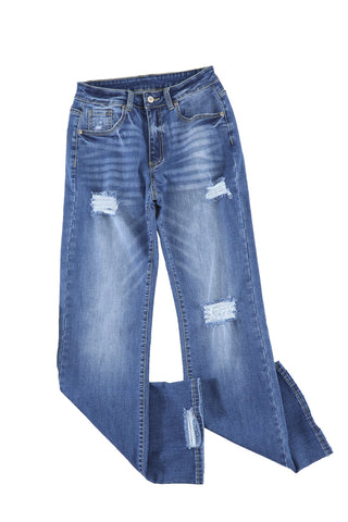 Blue High Rise Washed Distressed Flare Jeans