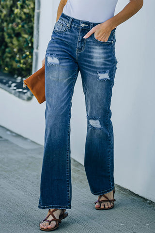 Blue High Rise Washed Distressed Flare Jeans