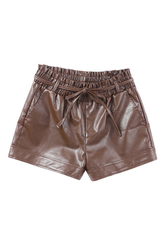 Brown PU Leather Belted High Waist Shorts