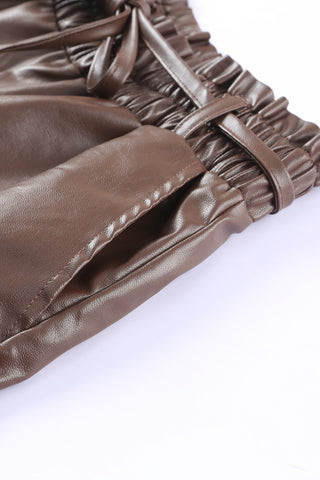 Brown PU Leather Belted High Waist Shorts