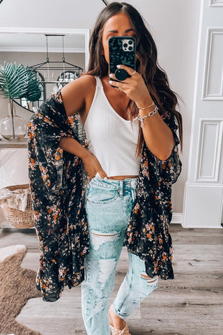 Black Dainty Floral Print Flowy Kimono